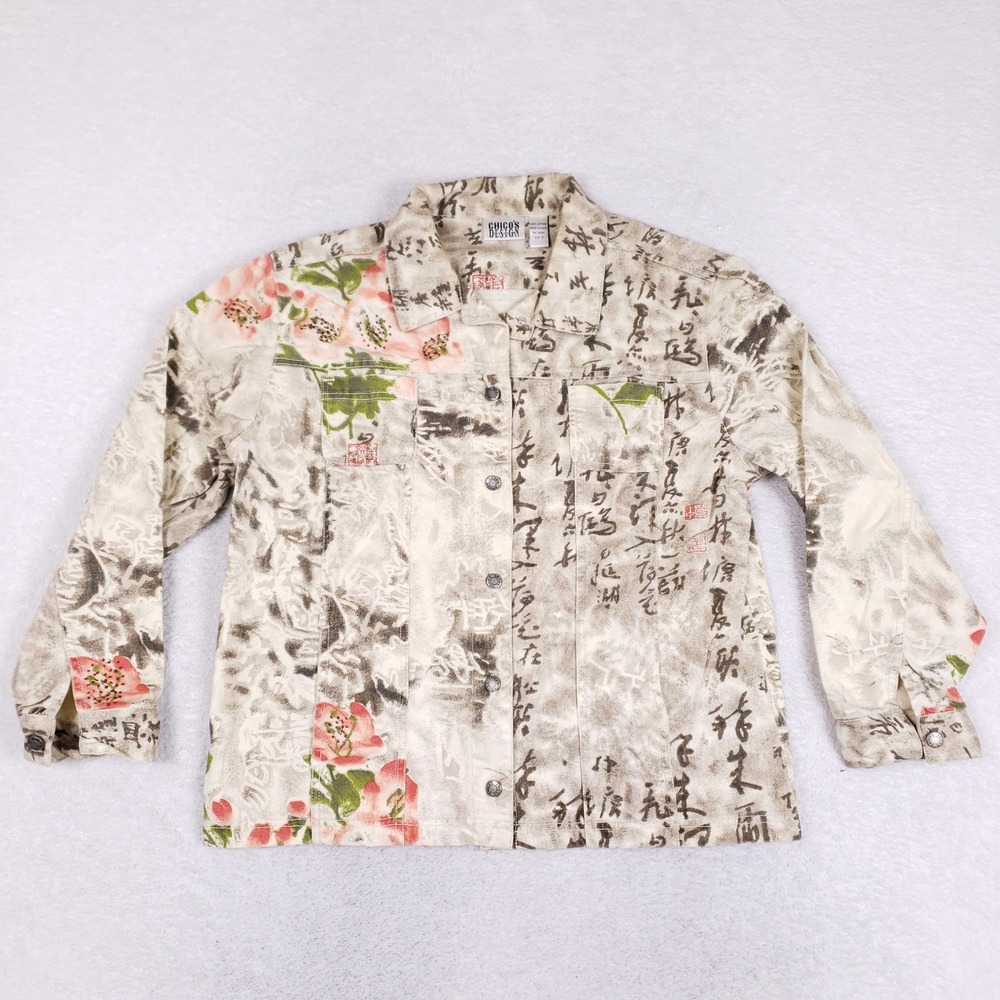 Chicos Design Floral Calligraphy Jacket Womens Size 3 XL Beaded Cotton Vintage
